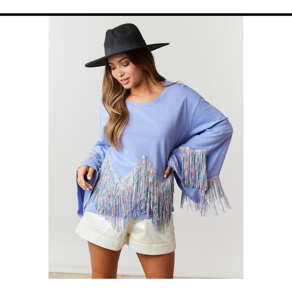 Fantastic Fawn Sequin Fringe Sweatshirt Top Lavender Western Boho S Oversized